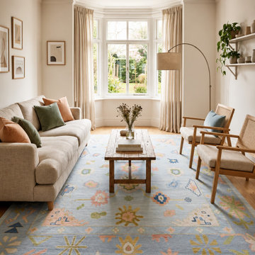Hand-Knotted Sky Blue Turkish Oushak Rug-Soft Floral Vine Design