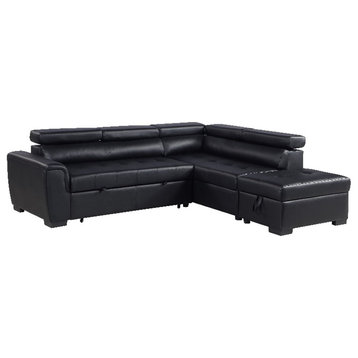 Infini Right Sided Faux Leather Sleeper Sofa with Storage Ottoman in Black