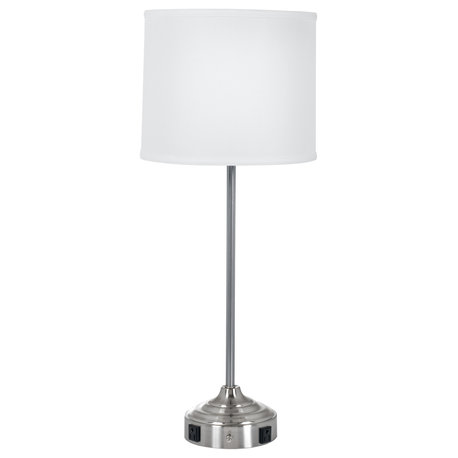 26" Tech-Friendly Brushed Steel  Table Lamp With 2 Convenience Outlets