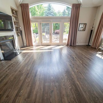 Belmont Living Room. Driftwood/Antique Brown Stain on White Oak.