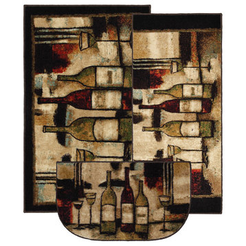 Wine and Glasses Brown Rug Set, Contains 20"x45", 30"x46" and 18"x30" Slice