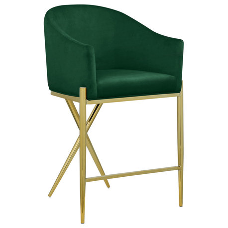 Xavier Velvet Upholstered Counter Height Stool, Green, Gold Finish