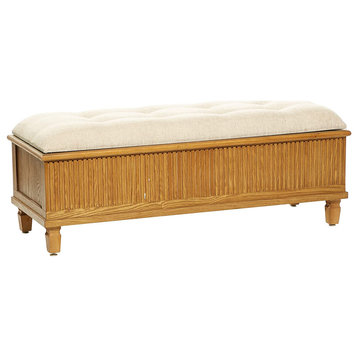 Traditional Accent Bench, Brown Wooden Base With Linear Pattern and Tufted Seat