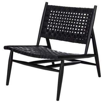 Scandinavian Accent Chair, Wooden Frame With Woven Leather Seat, Black/Black