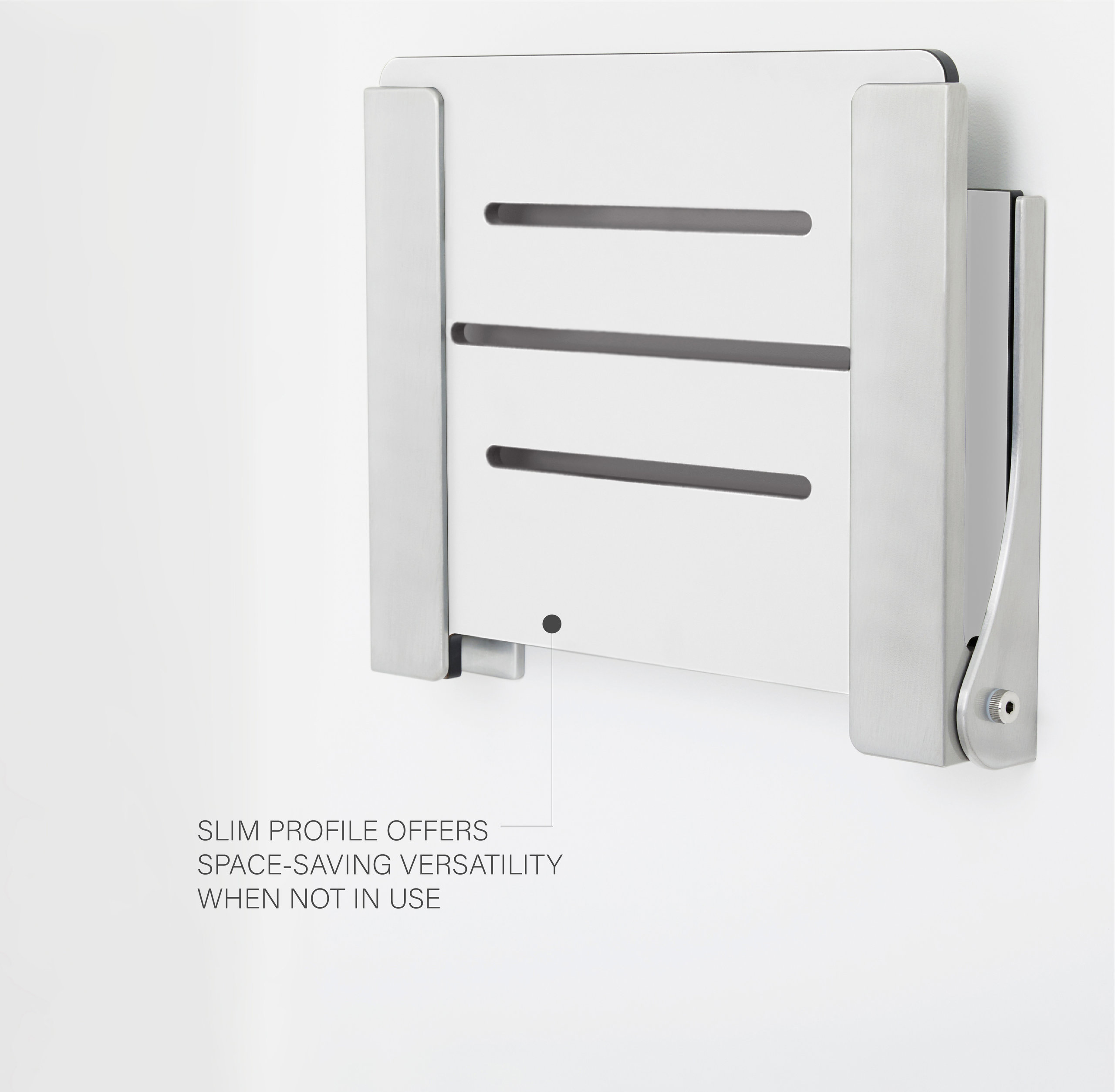 Silhouette Folding Wall Mount Shower Bench Seat, White Seat, Silver Frame