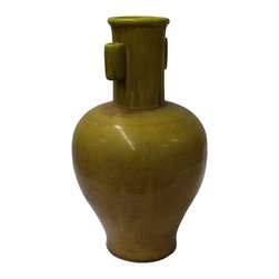 Handmade Chinese Ceramic Distressed Yellow Outline Graphic Vase - Vases