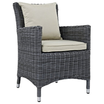 Outdoor Dining Armchair, Wicker Frame and Sunbrella Fabric Cushioned Seat, Beige