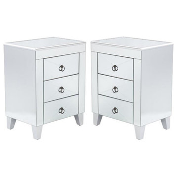 Home Square Wood Mirror End Table with Drawers in Silver - Set of 2