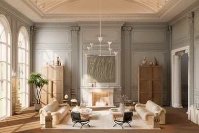 Example of a huge transitional open concept light wood floor, brown floor, vaulted ceiling and wainscoting living room design in Other with green walls, a standard fireplace and a stone fireplace