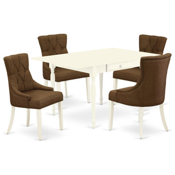 5-Piece Dinette Set, Table and 4 Chairs With Dark Coffee, Linen Fabric/White