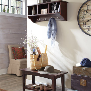Deep Chocolate Brown Storage Shelf with Bench for a Cottage Style Entryway