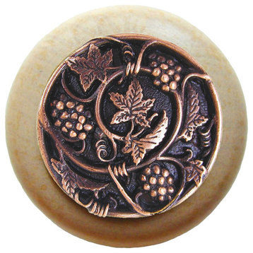 Grapevines Wood Knob, Antique Brass, Natural Wood Finish, Antique Copper