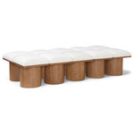 Meridian Furniture - Pavilion Black Boucle Fabric Bench, Cream, Walnut Brown Finish, 77.5" W X 36" D X 17.5" H - Bring valuable seating and remarkable style to your space with this cream Pavilion boucle fabric bench, an exquisite balance of style and usability for the entryway, bedroom, and beyond. Crafted from oak veneer with a walnut brown finish, this bench has a 4-inch-thick seat cushion that's channel-tufted for a touch of luxury. The bench's columnar bases add a dash of art deco design, making it a captivating focal point in any room.