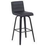 Armen Living - Vienna Swivel Bar Height Stool With Black Faux Leather and Black - Elevate your kitchen, bar, or dining area with the Vienna Swivel Stool Collection ' a modern essential that combines mid-century charm with functional comfort. Designed for daily use and entertaining alike, Vienna's 360-degree swivel and armless frame provide effortless movement and easy conversation flow. The gently curved backrest supports posture alignment while keeping the profile sleek and space-saving. The Vienna stool is built on a strong wood frame with four splayed legs and a square steel footrest for added durability and a clean, modern edge. The seat and backrest are generously padded with high-density foam and finished in your choice of smooth vegan leather or performance fabric for elevated comfort and easy maintenance. Originally offered in a walnut finish with cream, brown, or gray vegan leather, and a black brushed finish with gray vegan leather, the collection now features even more design-forward combinations. Explore updated variants including snow white vegan leather with walnut, black brushed, or patterned oak finishes; vintage-inspired blue, green, and black tones paired with walnut finish frames; and bold red or soft gray performance fabrics on brushed or patterned wood finishes. Available in both counter height and bar height, Vienna offers a versatile range of styles to suit your space. With its timeless look and enduring quality, this collection brings warmth, elegance, and comfort to any interior.