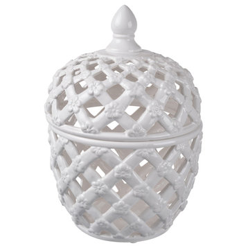 A&B Home White Ballas Pierced Ceramic Round Lidded Jar 9"X12"