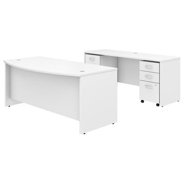 Studio C 72W Bow Front Desk and Credenza with Drawers in White - Engineered Wood