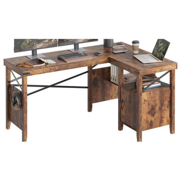 Farmhouse Desk, L-Shaped Design With Open Shelf & Metal Accents, Rustic