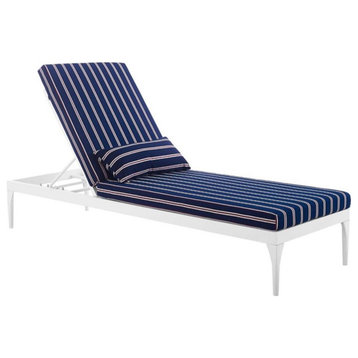 Modway Perspective Aluminum Patio Chaise Lounge Chair in White and Striped Navy