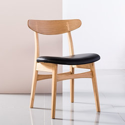 Astrid Solid Oak Dining Chair - Black Top Grain Leather Seat - Dining Chairs