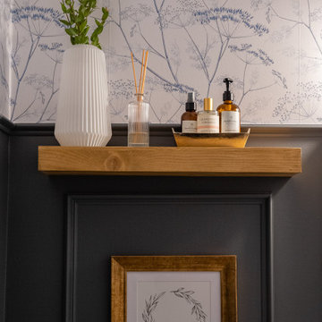 Moody bathroom interior featuring Denim Blue Wildflower wallpaper design