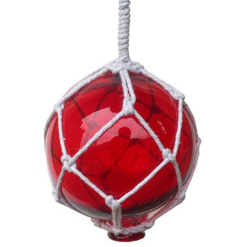 Red Japanese Glass Ball Fishing Float With White Netting Decoration 4'', Glass