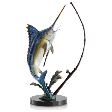 Hand Painted Fighting Marlin with Tackle Statue 15 Inch