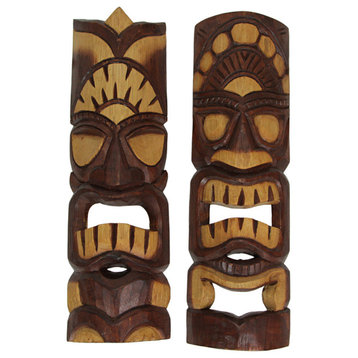 Hand Carved Natural Stained Wood Polynesian Style Tiki Masks 20 inch Set of 2