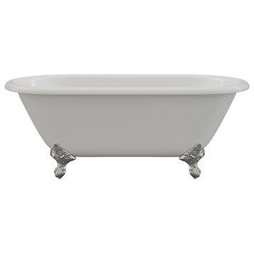 60" Cast Iron Double Ended Tub Without Faucet Holes, Chrome Feet