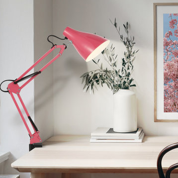 Odile 28.5" Industrial Adjustable Articulated Clamp-On LED Task Lamp, Black, Pink