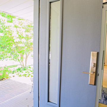 Blue Front Door with Narrow Glass Insert and Brass-Tone Hardware | North York