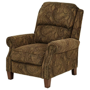 Recliner, Paisley Patterned Upholstery & Rolled Arms With Nailhead, Warm Brown