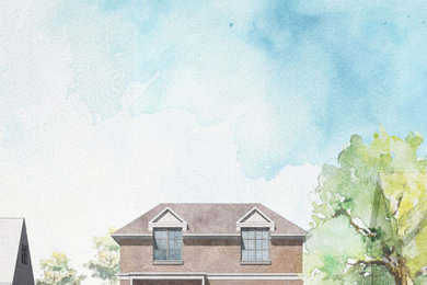 Inspiration for a small timeless two-story brick house exterior remodel in London with a hip roof, a tile roof and a brown roof