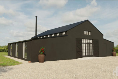 Inspiration for a medium sized and black modern bungalow render detached house in Other with a pitched roof, a metal roof and a black roof.