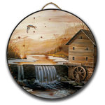 House & Homebody Co. - Round Wall Art, The Old Mill, 18" Diameter - Our round wall art is printed on a character-rich, 1 1/4 inch knotty pine wood that produces a beautiful rustic appearance. Round wall art is finished to our gallery grade standards with one coat of sealer and two topcoats of a satin finish. Comes with a jute rope hanger and is ready to hang.