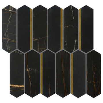 Tndog-04 Long Hexagon Black And Gold Marble Mosaic Tile, 10 Sheets