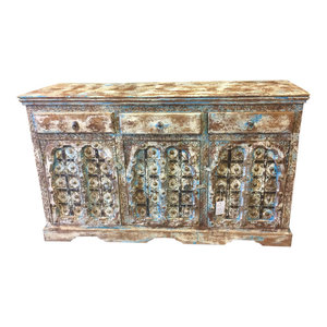 Mogul Interior - Consigned Sideboard Media Console Buffet Distressed Blue Patina India Furniture - Buffets And Sideboards