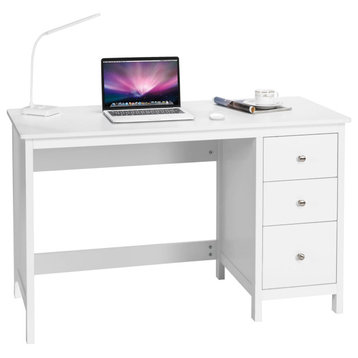 Contemporary Desk, Spacious Tabletop & 3 Drawers With Round Chrome Knobs, White