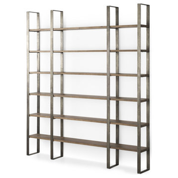 90" Brown Distressed Metal and Solid Wood Six Tier Bookcase