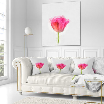 Bloomy Pink Tulip On White Drawing Flower Throw Pillow, 16"x16"