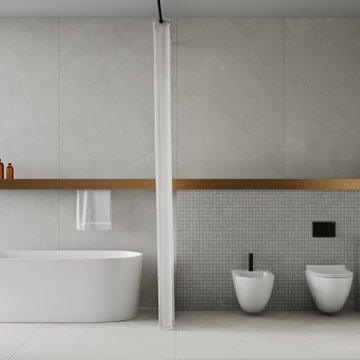 Design a bright bathroom with four comfortable zones