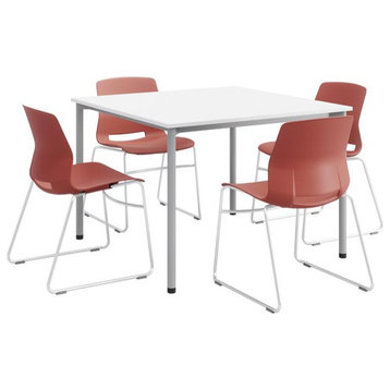 KFI Dailey 42in Square Dining Set - White/Silver Table - Coral Sled Chairs
