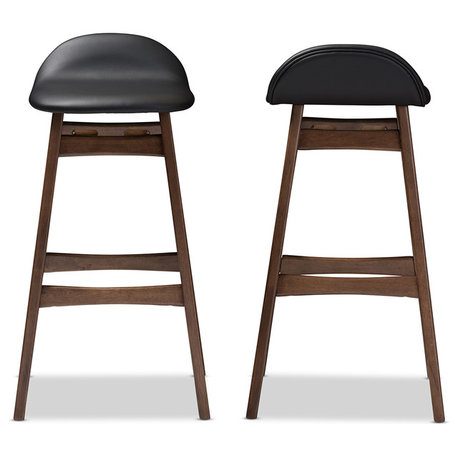 Bloom Walnut Wood Finishing 30" Bar Stools, Set of 2, Black Faux Leather
