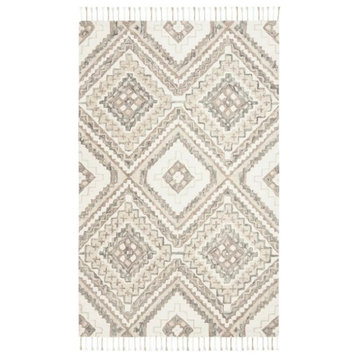 Area Rug, Wool With Geometric Pattern & Fringe Tassels, Taupe/Ivory, 10' X 14'