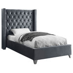 Meridian Furniture - Ames Velvet Bed, Gray, Twin - Elegant and eye-catching, the stunning Aiden Bed from Meridian Furniture is the perfect addition to any bedroom. Rich velvet covers the deep tufted design. A beautiful wing bed design is complimented by hand applied chrome nail head details. Strength and beauty is guaranteed with a solid wood frame and stainless steel legs.