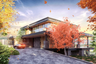 Large modern three-story wood and clapboard exterior home idea in Ottawa