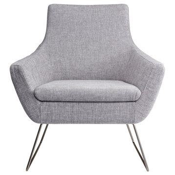 Contemporary Accent Chair, Chrome Legs With Light Gray Fabric Seat, Flared Arms