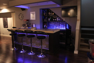 Mid-sized trendy dark wood floor and brown floor home bar photo in Other with multicolored backsplash