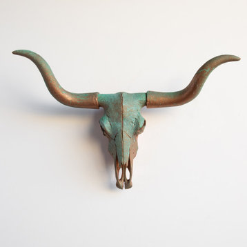 Large Faux Skull Texas Longhorn, Copper Patina