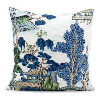 Chinoiserie Asian Scenic Thibaut Throw Pillow in Blue and Green