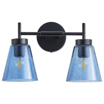 Modern Black 2-Light Wall Light with Blue Seeded Glass Shade